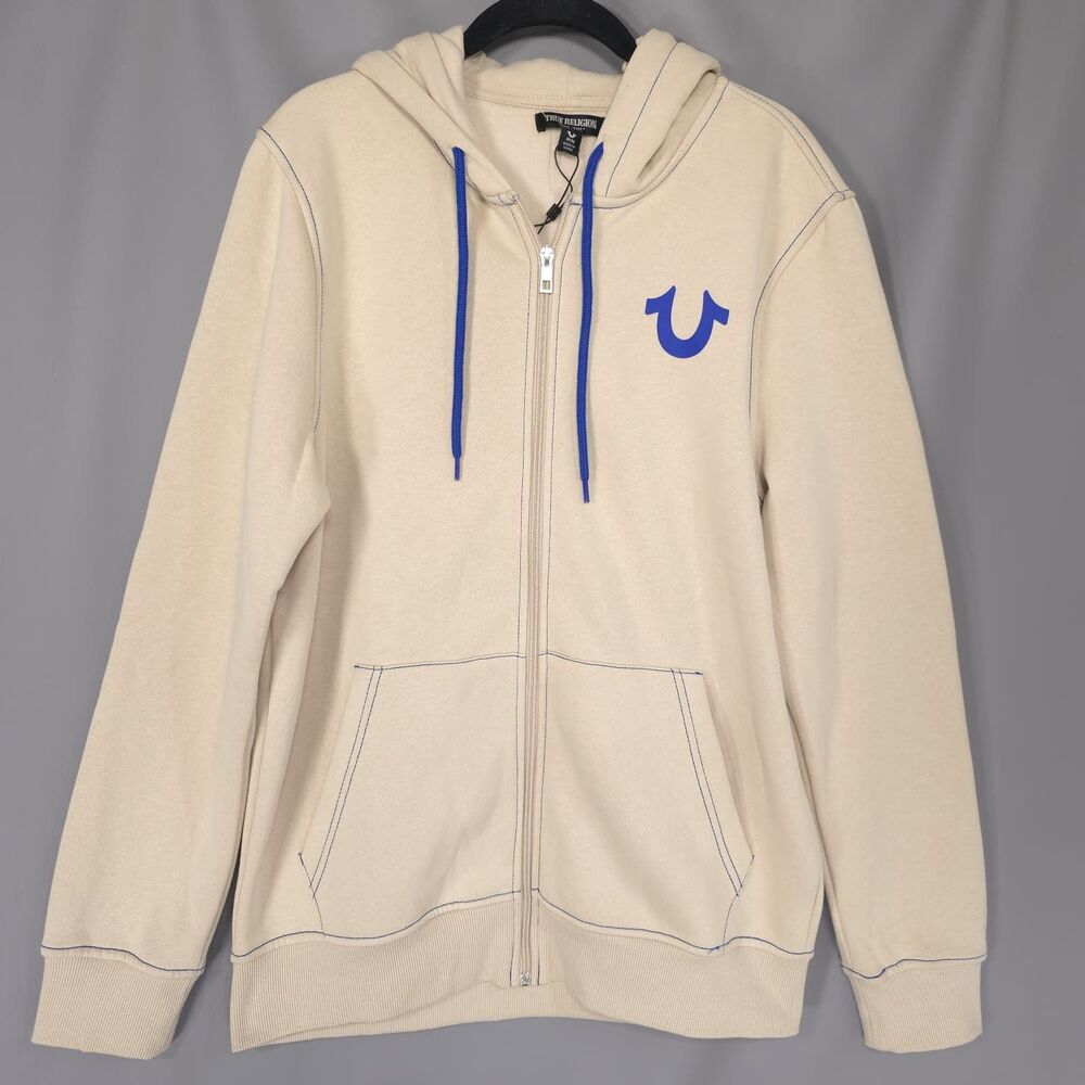 TRUE RELIGION Men's New MEDIUM Full Zip Hoodie Fog Beige Buddha Guitar 701400
